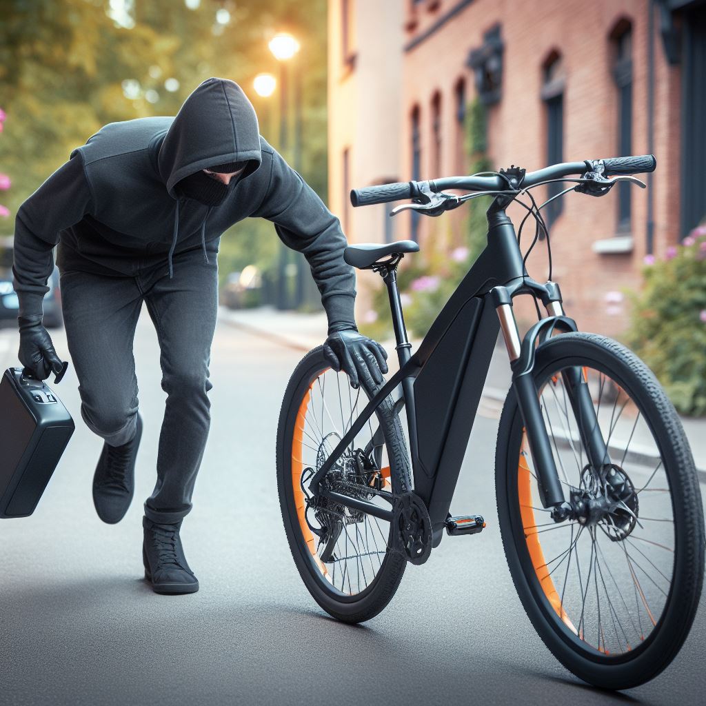 Ebike Theft Prevention: A robber stealing an ebike off the street