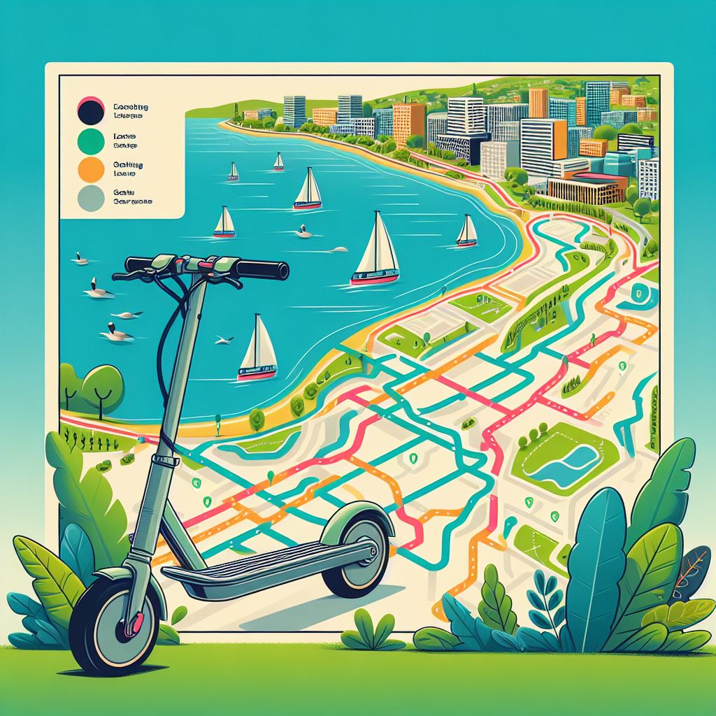 A map highlighting popular electric scooter routes in Redcliffe, featuring scenic paths along the waterfront, through parks, and urban streets, illustrated in a colorful and easy-to-read format, providing useful information for scooter enthusiasts.