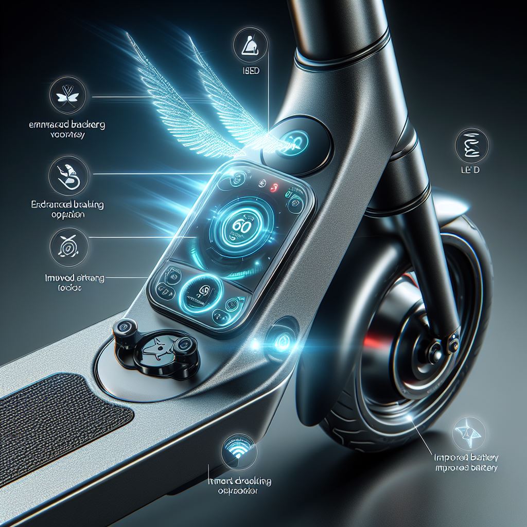 Close-up of advanced features on an electric scooter, showcasing elements like an LED display, enhanced battery, improved braking system, and smart connectivity options, set in a high-tech, modern design context.